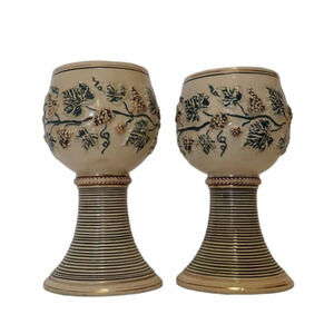 Vintage Gold Raise Relief Grapevine Pair of German Grapevine‎ Pottery Goblets